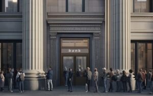 People lined up outside a bank entrance in a grand city building