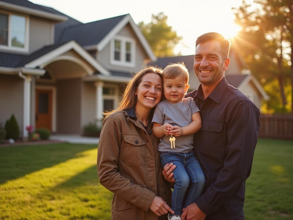 Happy firefighter family with new home keys