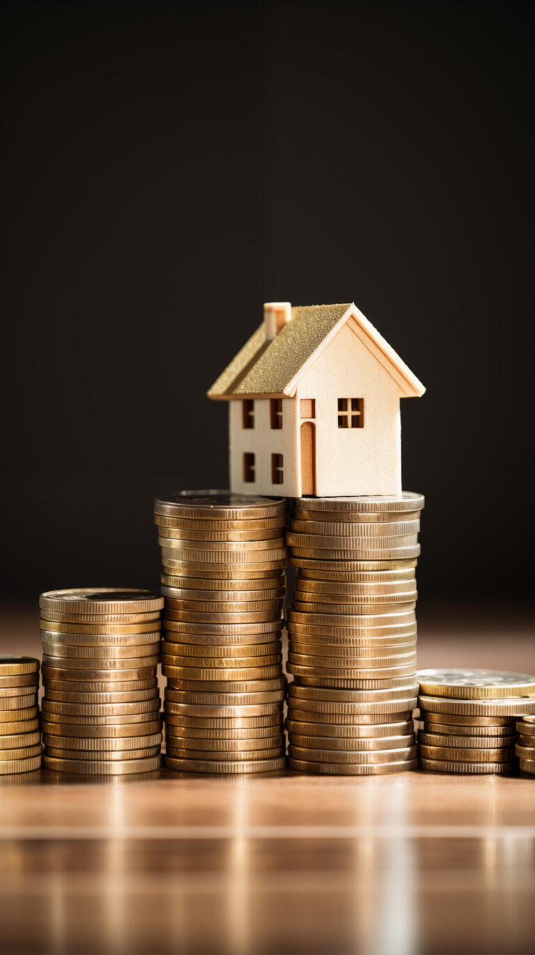 House model sitting on stacks of coins representing a DSCR loan that qualifies borrowers using rental income for investment property financing.
