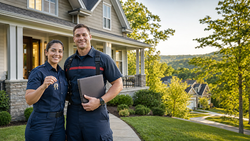 Tennessee law-enforcement officer and firefighter holding house keys outside a newly purchased suburban home.