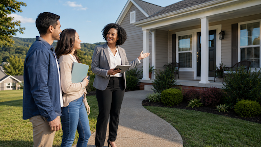 Preapproved homebuyers meet a real estate agent outside a Tennessee house before starting a home tour.
