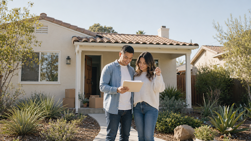 California homebuyers review mortgage documents and hold new house keys outside a stucco home with moving boxes on the porch.