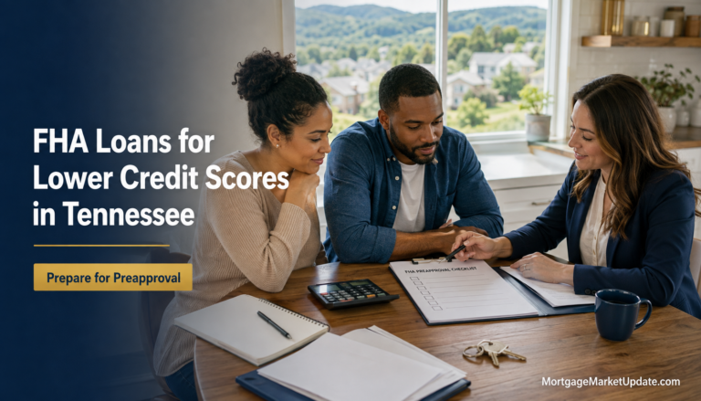 Tennessee homebuyers reviewing an FHA preapproval checklist with a mortgage professional in a bright home.