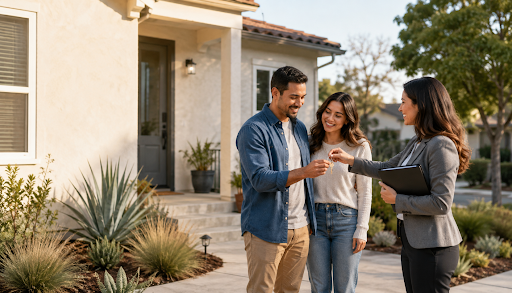 California homebuyers receiving the keys to their new home after completing the FHA loan process.