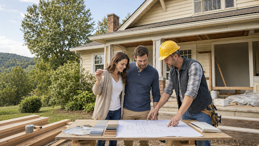 Tennessee homebuyers holding house keys while reviewing renovation plans with a contractor outside an older home being remodeled.