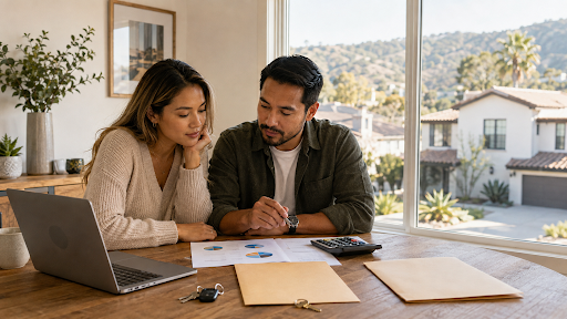 Couple comparing rental and homeownership costs at a table overlooking a California neighborhood.