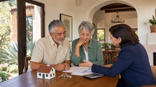Senior California homeowners review reverse mortgage options with an adviser beside house keys and a model home.