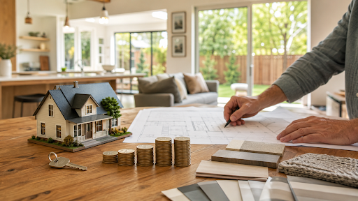 Homeowner reviewing renovation plans beside a model house, keys, material samples, and stacked coins representing home equity financing.