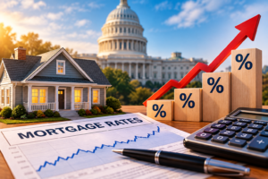 Mortgage rates graphic with rising percentage bars, suburban home, rate chart, and U.S. Capitol backdrop