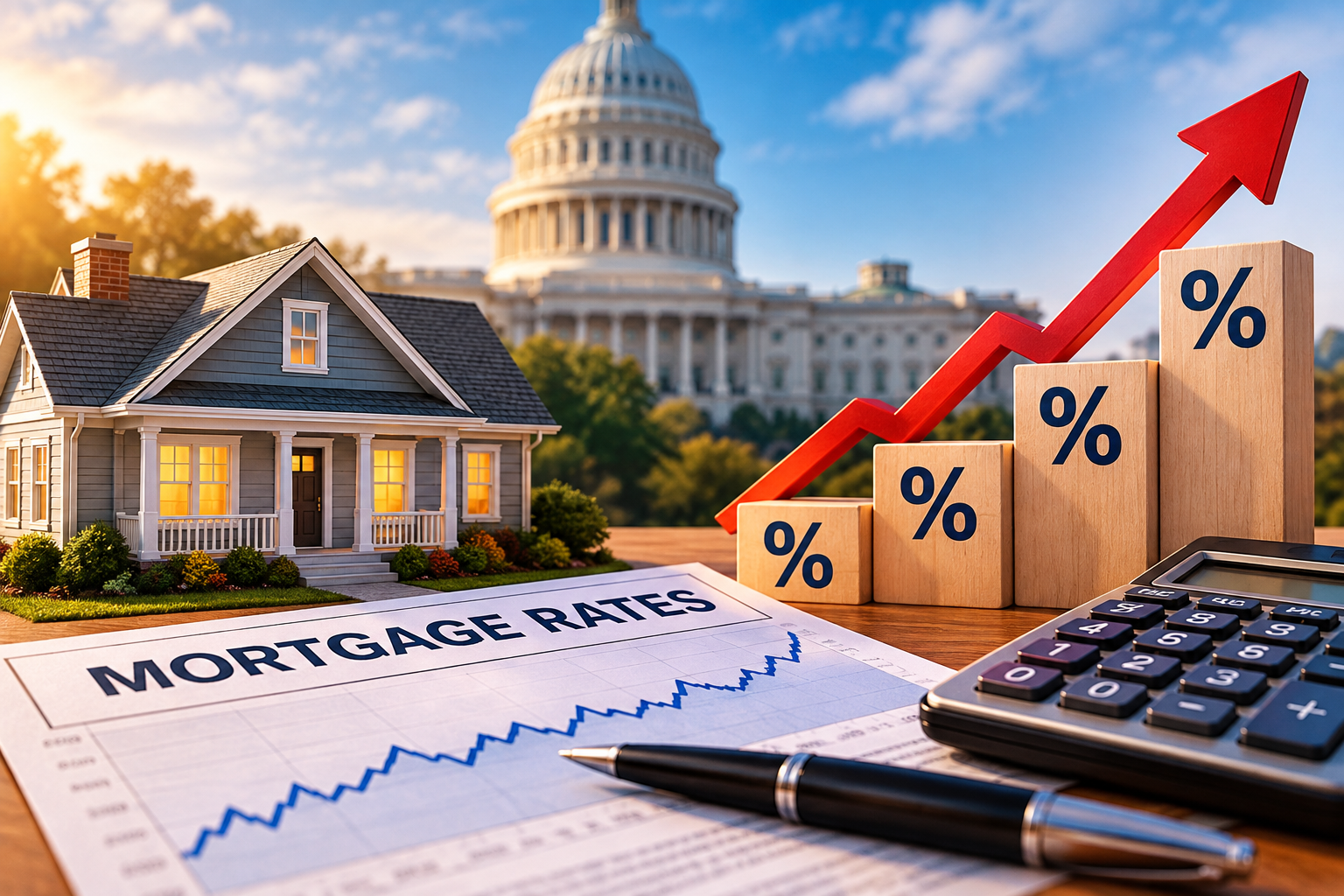 Mortgage rates graphic with rising percentage bars, suburban home, rate chart, and U.S. Capitol backdrop