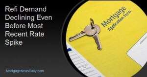 Refinance demand declining before recent mortgage rate spike with application form and house keys