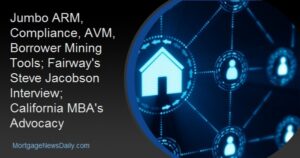 Mortgage news graphic listing Jumbo ARM, compliance, AVM, borrower tools, and California MBA topics