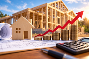 New home construction with architectural plans, rising costs chart, stacked coins, and calculator
