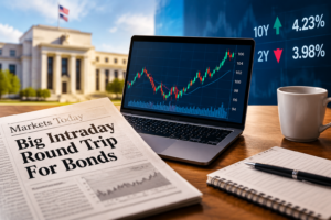 Financial market analysis scene with bond news, laptop chart, and interest rate indicators
