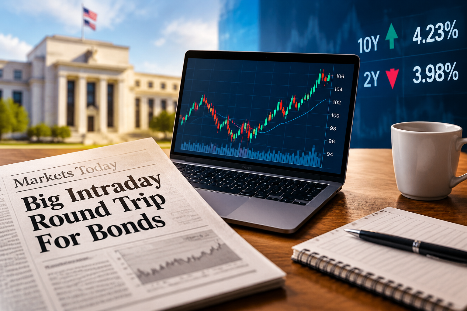 Financial market analysis scene with bond news, laptop chart, and interest rate indicators