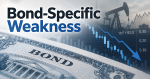 Bond-specific weakness graphic with falling 10-year yield chart and oil pumpjack
