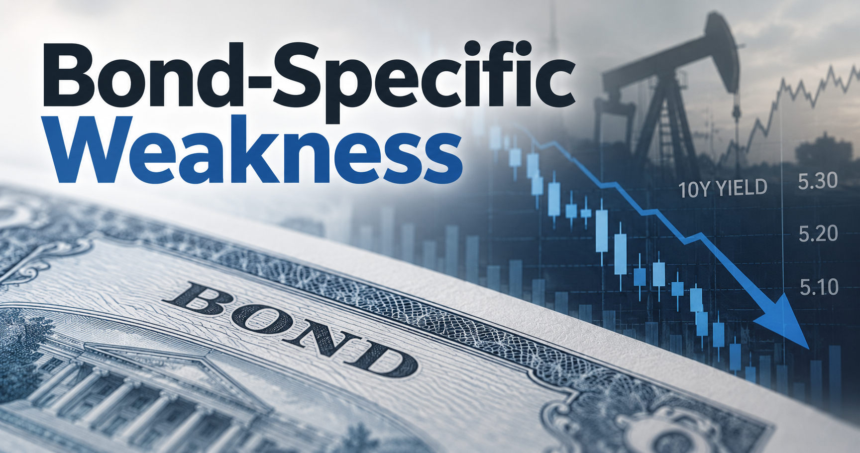 Bond-specific weakness graphic with falling 10-year yield chart and oil pumpjack
