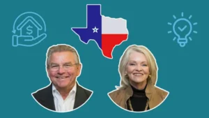 Texas mortgage professionals with Texas map, home equity icon, and light bulb graphic