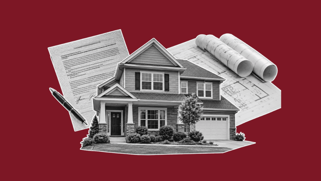 House with architectural plans, legal document, and pen on a burgundy background