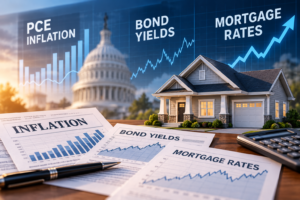 Mortgage market graphic showing PCE inflation, bond yields, mortgage rates, and a suburban home