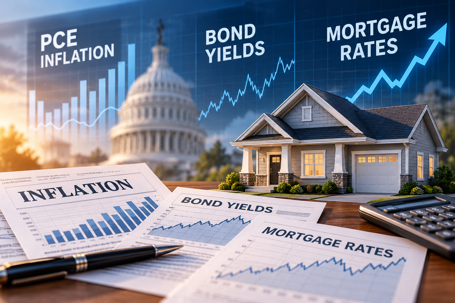 Mortgage market graphic showing PCE inflation, bond yields, mortgage rates, and a suburban home