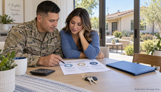 Military household reviewing VA mortgage preapproval documents for a California home