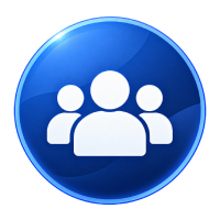 Blue circular icon with three white people representing a group
