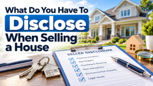 Seller disclosure checklist beside house keys and a suburban home