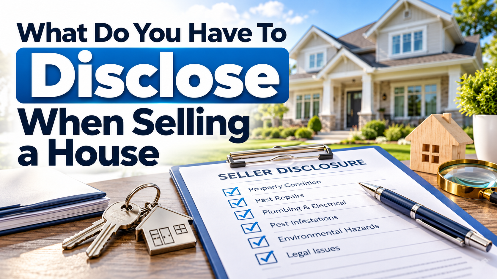 Seller disclosure checklist beside house keys and a suburban home