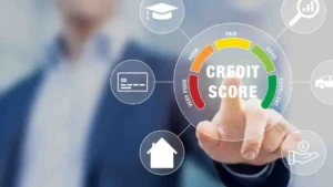 Credit score graphic showing a credit rating gauge with home, payment, education, and financial icons