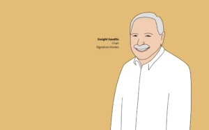 Illustrated portrait of Dwight Sandlin with Signature Homes title text on a beige background