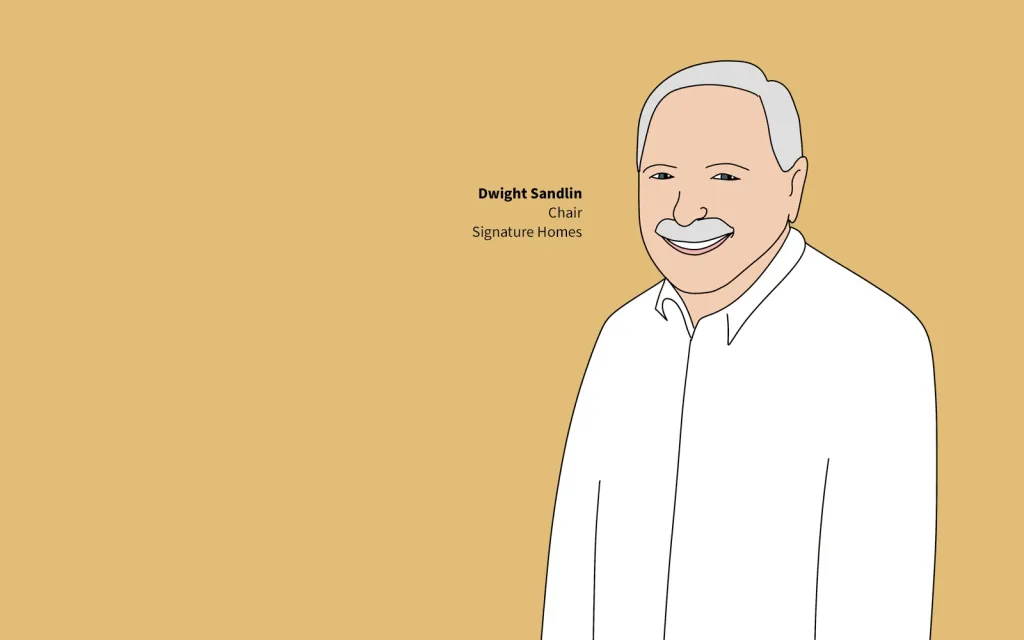 Illustrated portrait of Dwight Sandlin with Signature Homes title text on a beige background