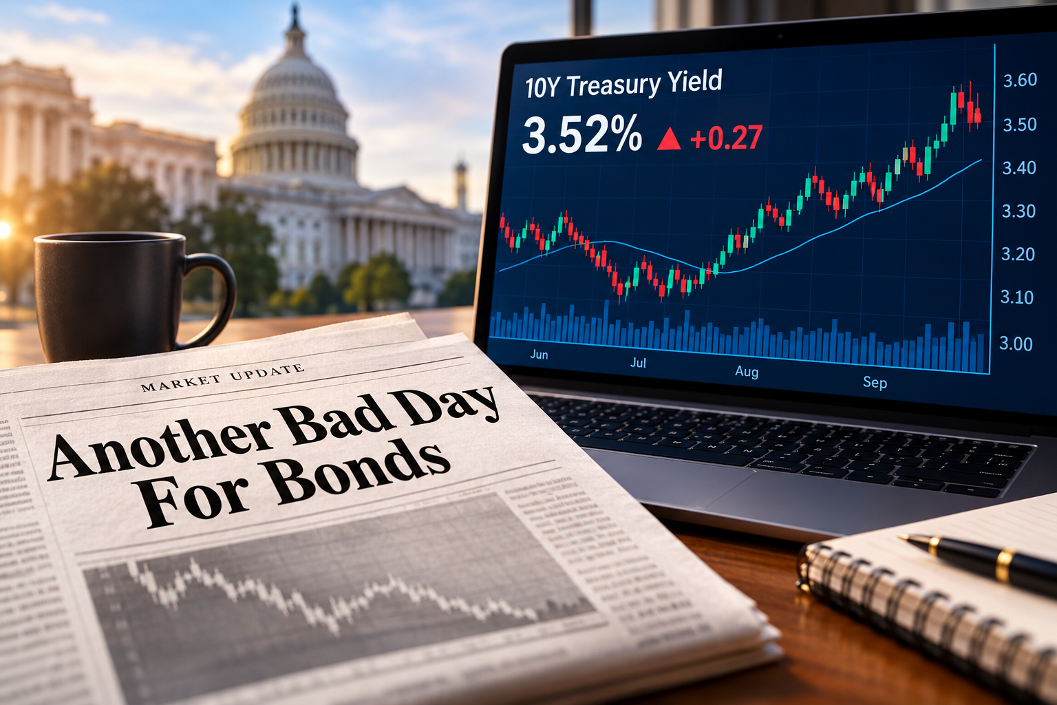 Bond market news graphic showing Treasury yields, laptop market chart, and U.S. Capitol backdrop