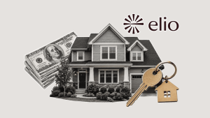 Elio logo beside a home with cash, house keys, and property symbols