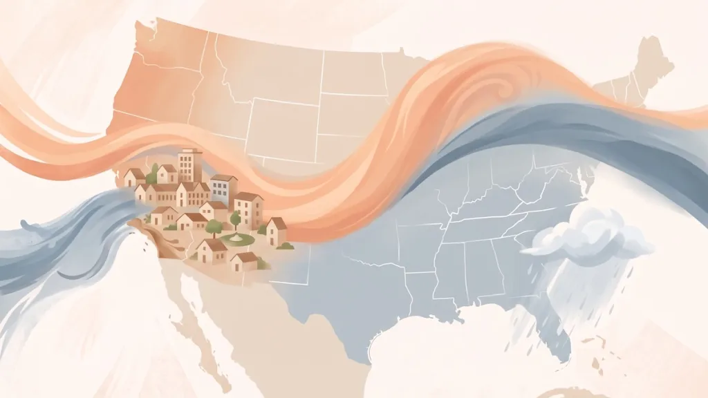 Stylized U.S. map with flowing market trends, housing icons, and weather patterns across regions