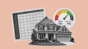 Mortgage graphic showing a home, credit score gauge, and loan pricing chart
