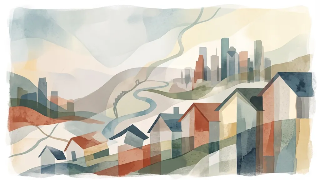 Abstract illustration of suburban homes, city skyline, and landscape representing housing markets and communities