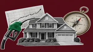 Suburban home with fuel pump, market chart, and compass representing housing market trends and affordability