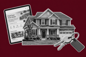 Home search interface displaying residential property listings and search options