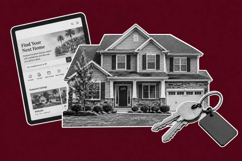 Home search interface displaying residential property listings and search options