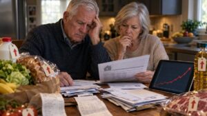 Senior homeowner reviewing rising household and housing costs at a kitchen table