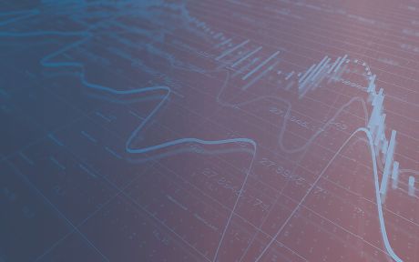 Financial market chart with fluctuating lines and candlestick price movements