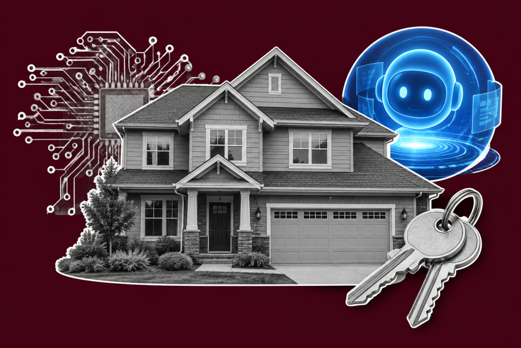 House with technology circuit, AI assistant, and keys representing smart home financing solutions