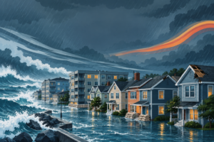 Coastal homes under dark storm clouds during a nor’easter