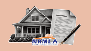 Home with mortgage document, pen, and NRMMLA logo on a peach background