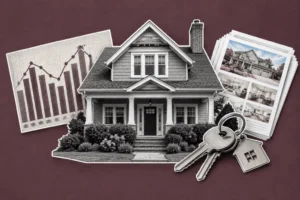 Home surrounded by housing market chart, property photos, and house keys on a burgundy background