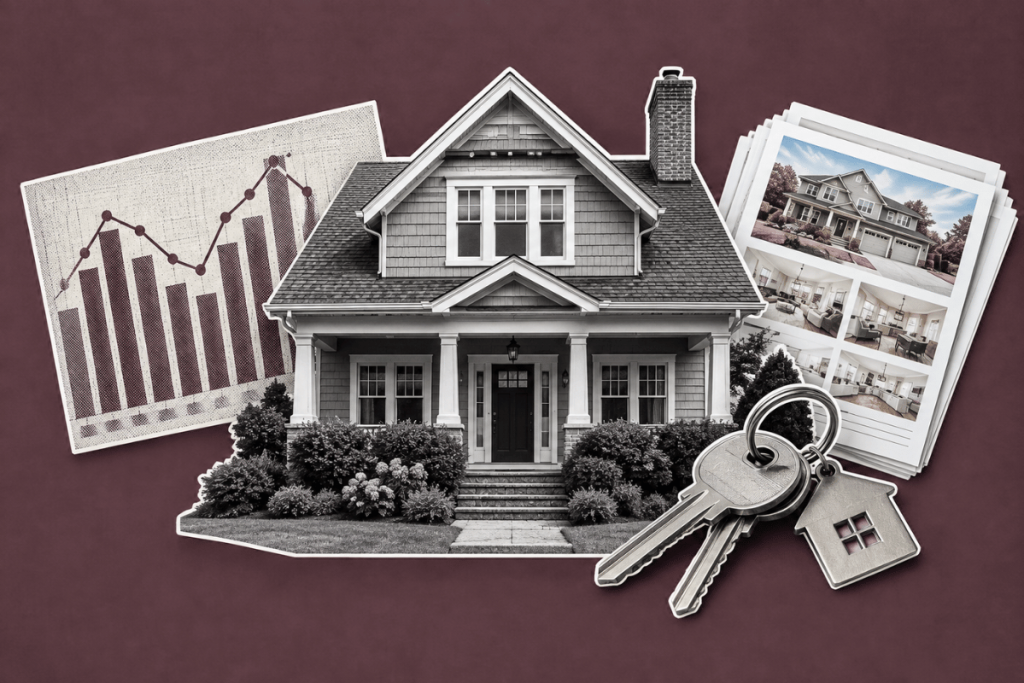 Home surrounded by housing market chart, property photos, and house keys on a burgundy background