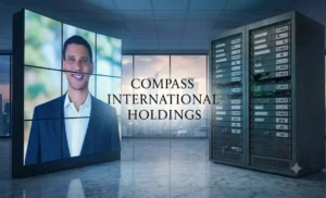 Compass International Holdings graphic with a business professional on a video display and MLS server racks