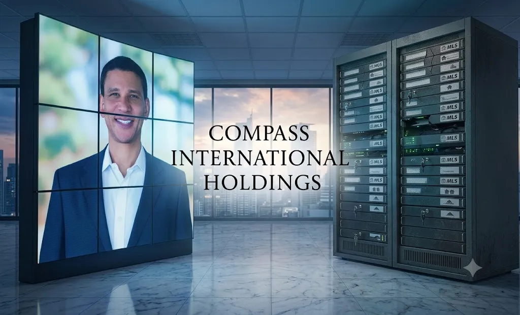 Compass International Holdings graphic with a business professional on a video display and MLS server racks