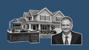 Mortgage professional portrait beside a suburban home, desk, and computer illustration